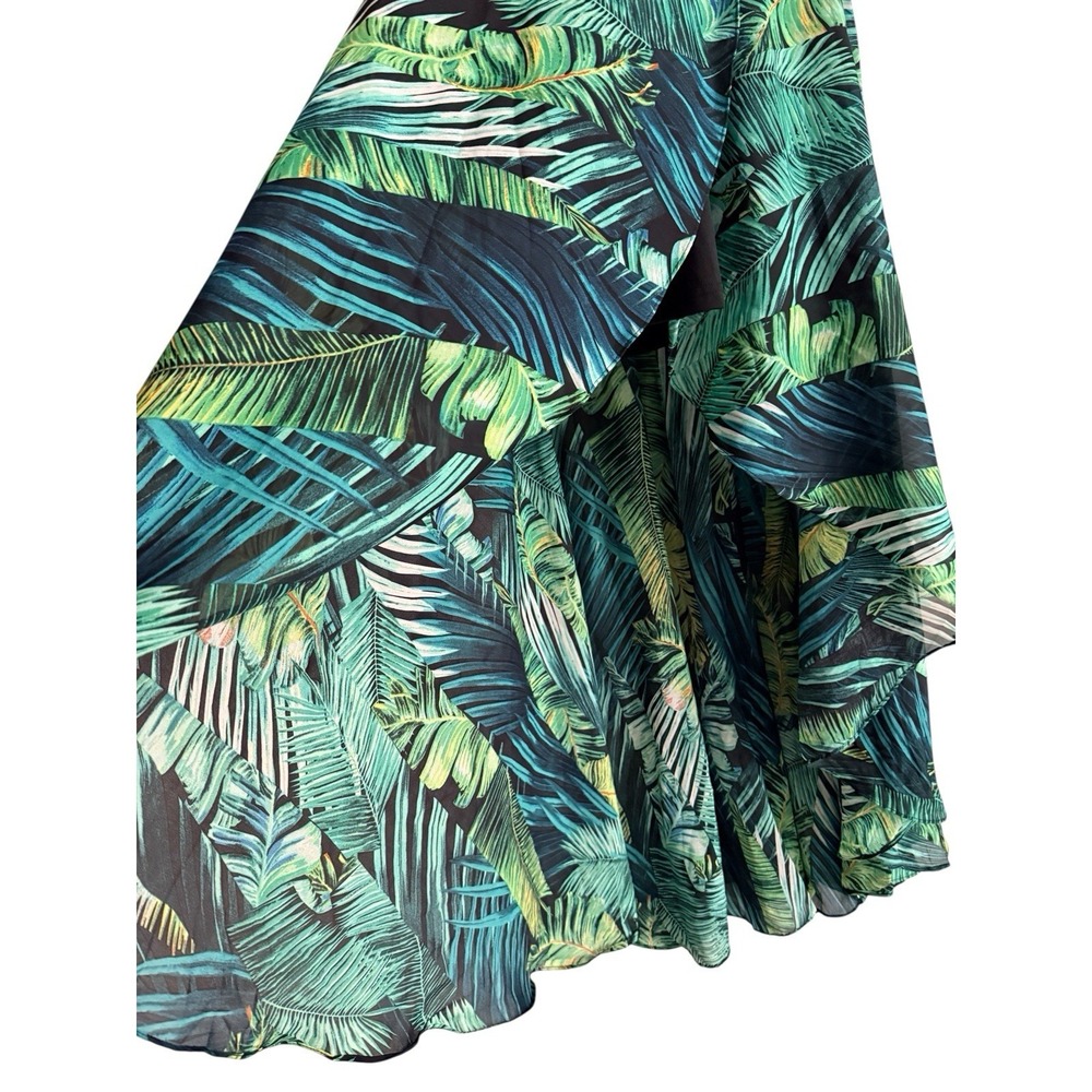 Tropical‎ Palm Leaf Ruffle High Low Dress L Womens Green Resort Beach Vacation - Picture 8 of 12